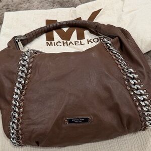Michael Kors Brown Leather Shoulder Bag with Silver Details